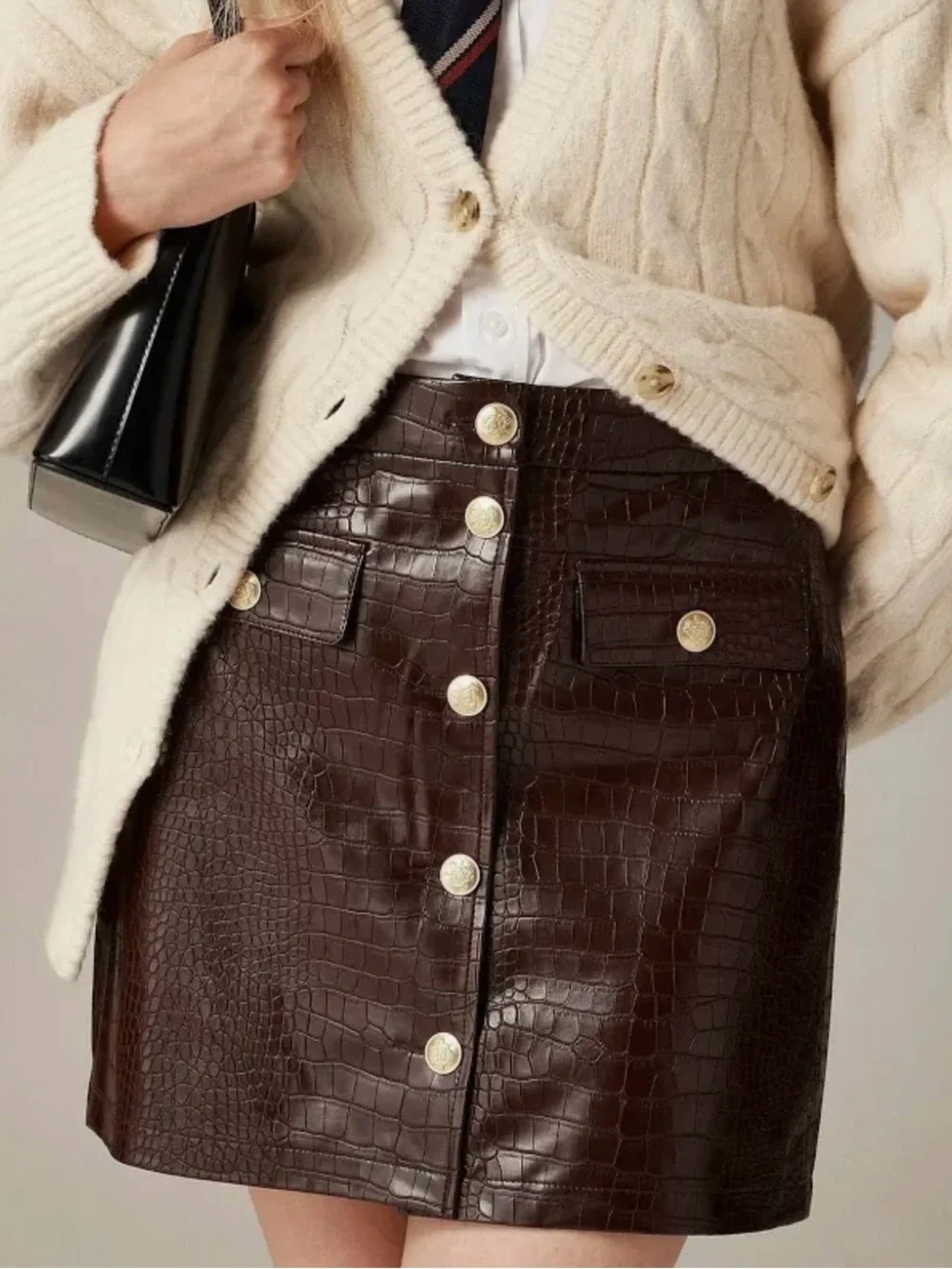 J. Crew Croc-Embossed Faux Leather Mini Skirt with Gold Buttons - Size 16
